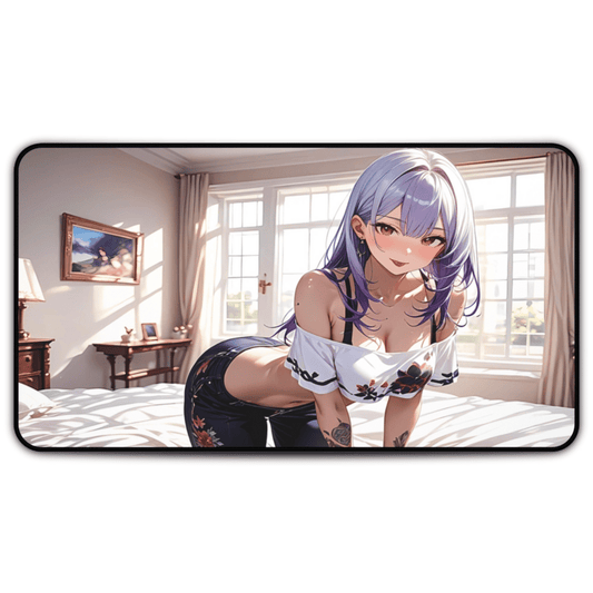 Sexy Lavender Gamer Waifu Desk Mat with anime girl art, desk mat, waifu, gamer, cute, aesthetic, anime setup, large, brest, purple, hair, tattoos, waifu, milf, big, ass